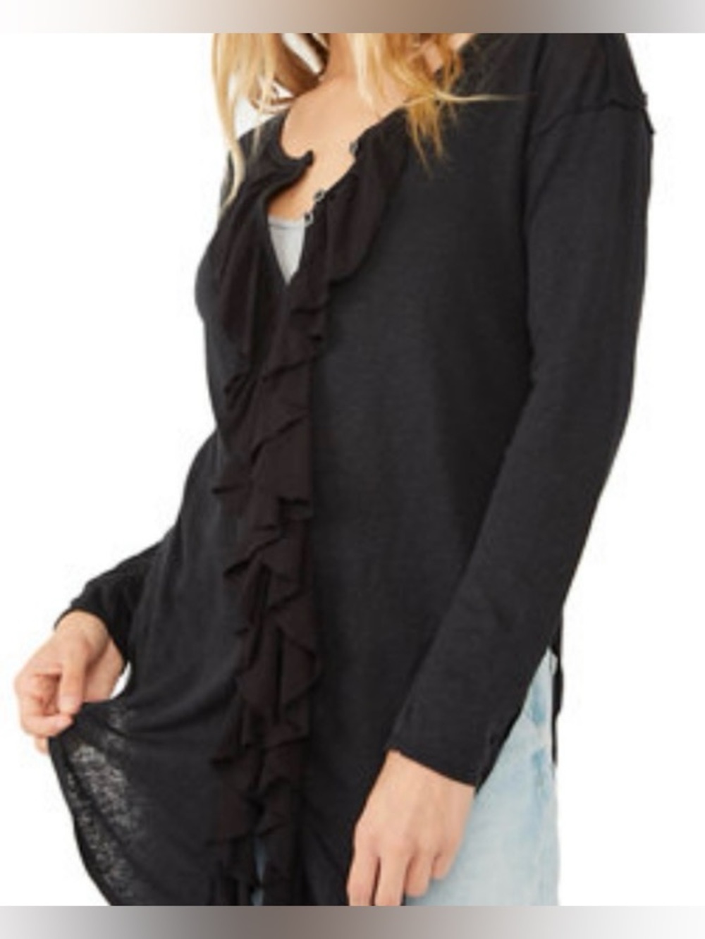 We the Free by Free People Love Star Black Ruffle-Front Long Sleeve Tee